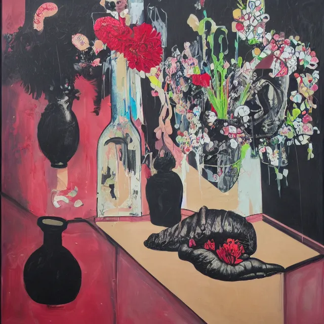 Image similar to empty room with black walls, sensual portrait of a woman, broken vase, spilled flowers, puddle of water, octopus, squashed berries, neo - expressionism, surrealism, acrylic and spray paint and oilstick on canvas