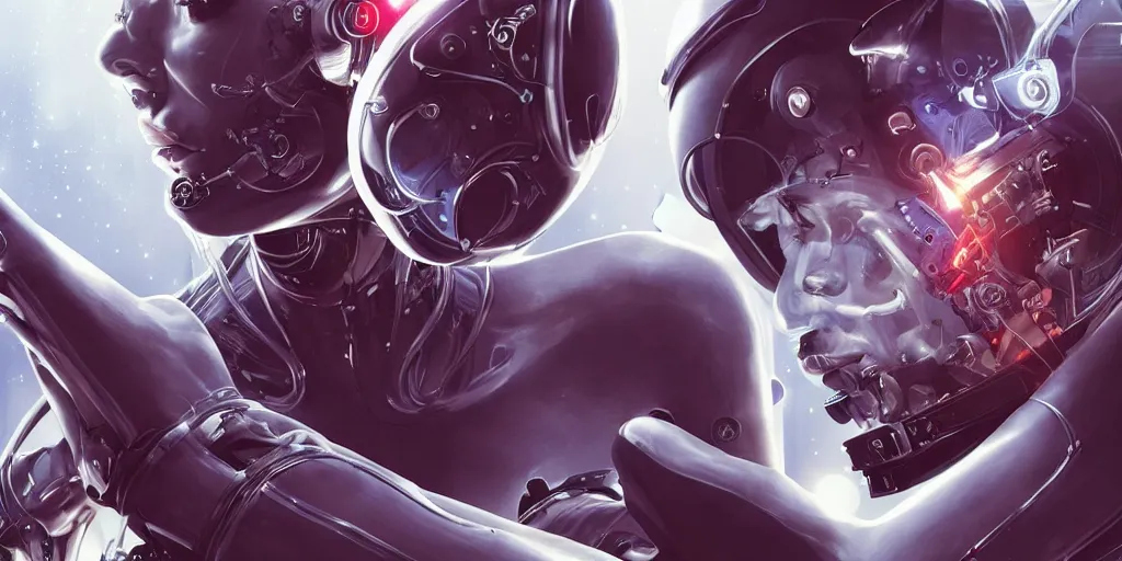 Prompt: a close up still of cyborgs creating humans in a sophisticated bio lab in space, accurate detailed faces, sci - fi, neon lighting, sophisticated, futuristic, highly detailed, intricate, sharp focus, digital illustration, smooth, by artgerm, wlop, syd meade, greg rutkowski, trending on artstation