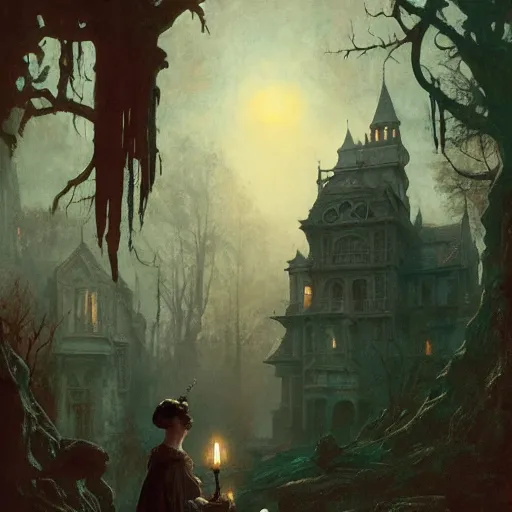 Image similar to audrey hepburn in a horror novel, haunted mansion, various backgrounds, highly detailed, digital painting, artstation, matte, illustration, art by gaston bussiere, greg rutkowski, j. c. leyendecker