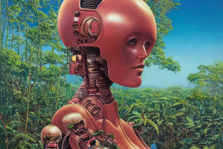 Image similar to evangelionic illustration, gigantic girl head, a lot of exotic vegetation, trees, tremendous pleasure robot, flowers, oldschool vintage sci - fi flat surreal design, super - detailed, oil painting by moebius, hd, 4 k, high quality