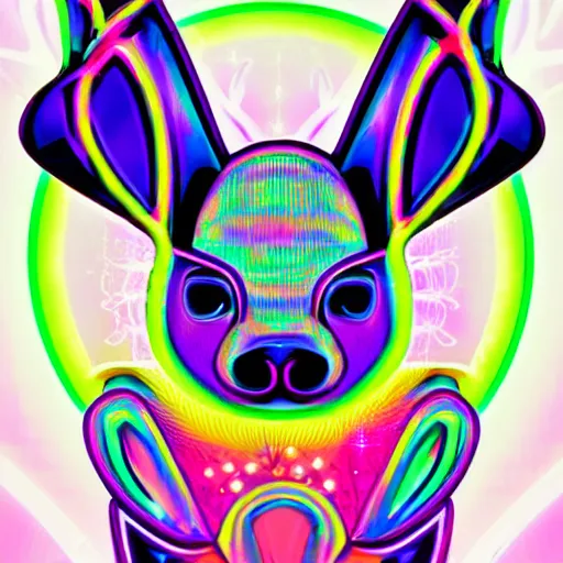 Prompt: a neon rabbit with horns and horns on it's head, vector art by lisa frank, behance contest winner, holography, holographic, iridescent, anaglyph effect