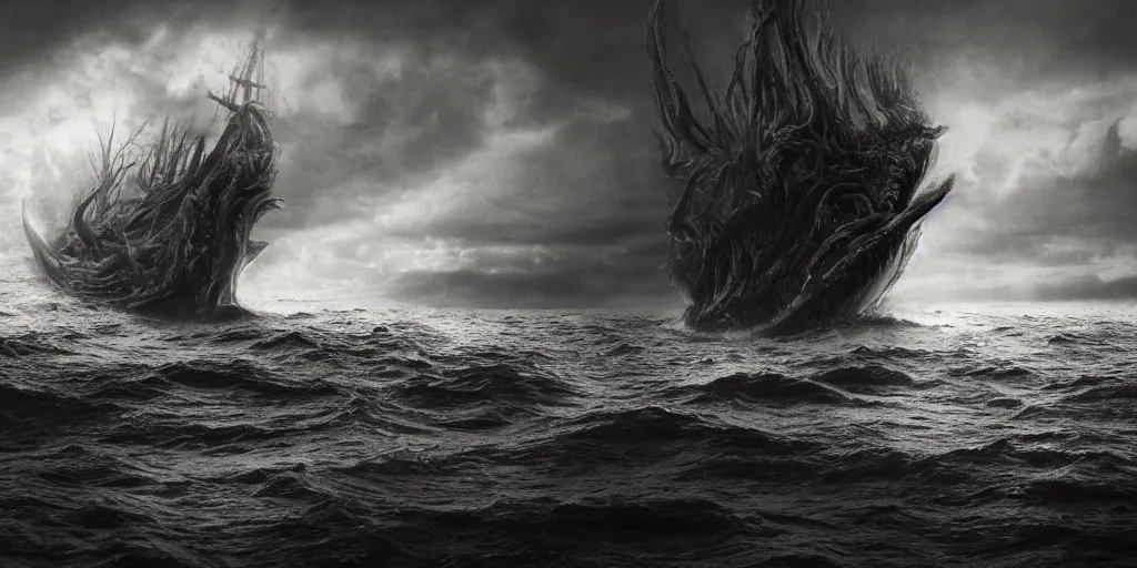 Image similar to a highly detailed realistic photographic render of a boat witnessing a lovecraftian monster creature in the sea. humanoid, creepy, cinematic lighting, cinematic scene, Volumetric lighting, Atmospheric scene, Dark, Horror, Atmospheric lighting, Global illumination, realistic, photo realism, hyper realistic, hyper realism, photo realisitc, cinematic render, film, beautifully lit, ray traced, octane 3D render, octane render, unreal engine