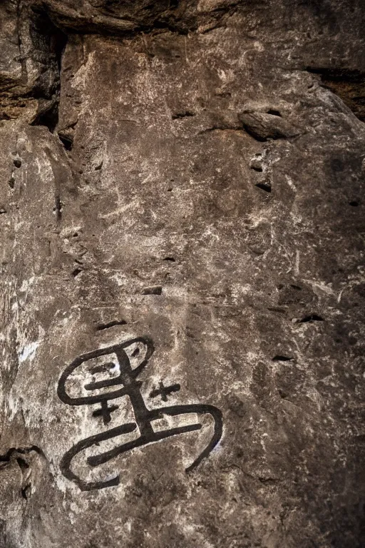 Image similar to 4 k photography of petroglyphs representing crosses, ufo, wifi symbol on a cave