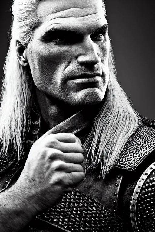 Image similar to portrait of geralt of rivia, 5 5 mm lens, professional photograph, black and white, times magazine, serious