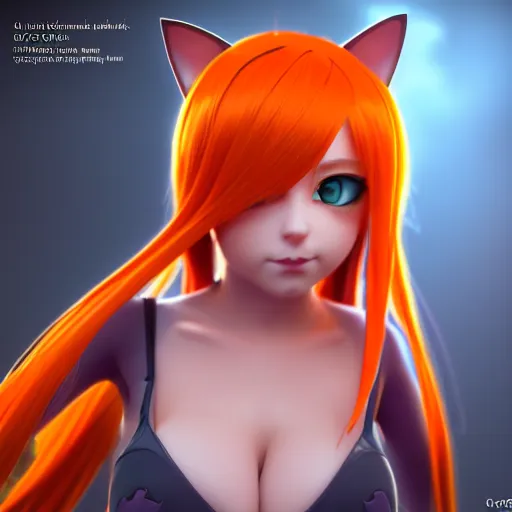 Prompt: cat girl render as a very beautiful 3d anime girl, hot petite, long braided orange red hair, hazel eyes, full round face, short smile, cinematic lightning, medium shot, mid-shot, highly detailed, trending on Artstation, Unreal Engine 4k, cinematic wallpaper