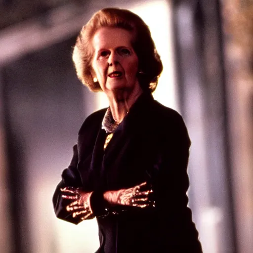 Image similar to A still of Margaret Thatcher as the Terminator in Terminator 2: Judgement Day (1991)