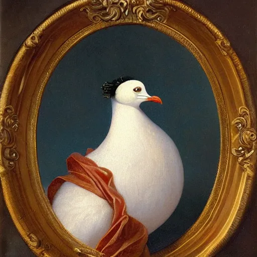 Prompt: the royal king's gull with weird hair by greg hildebrant fancy rococo baroque regal oil painting high quality award winning clothed in fancy garb