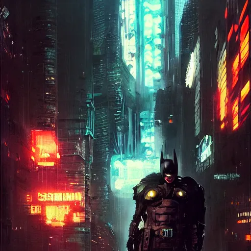 Image similar to cyberpunk batman, futuristic, brush strokes, oil painting, city background, greg rutkowski