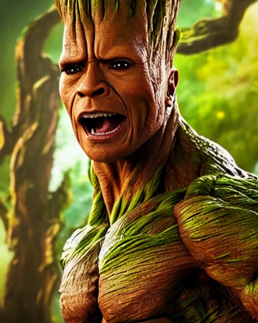 Image similar to film still close up shot of dwayne johnson as groot from the movie guardians of the galaxy. photographic, photography