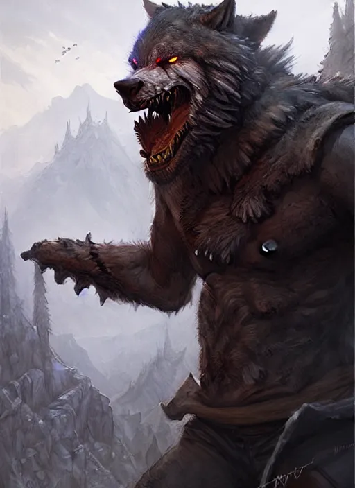 Image similar to rugged werewolf, dnd, fantasy oil _ painting _ unreal _ 5 _ daz. _ rpg _ extremely _ detailed _ artgerm _ greg rutkowski