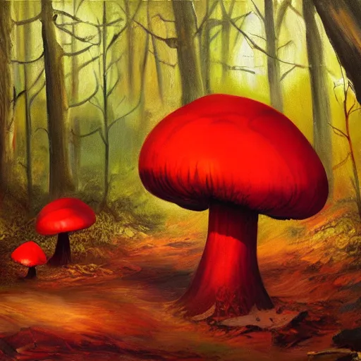 Image similar to glowing giant red mushrooms attacking a goblin in forest, oil painting, soft light, night time