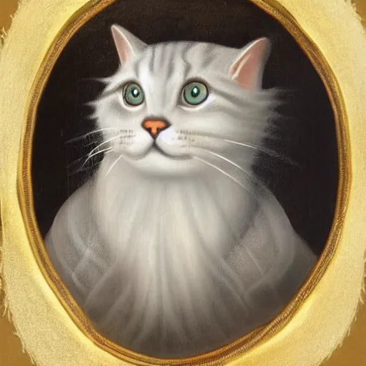 Image similar to a renaissance style portrait painting of a grey scottish fold cat, wearing a crown and cape, dark background