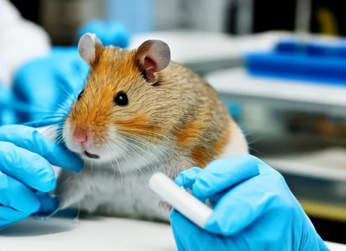 Image similar to film still of a hamster working in a research lab finding the cure for cancer, 8 k