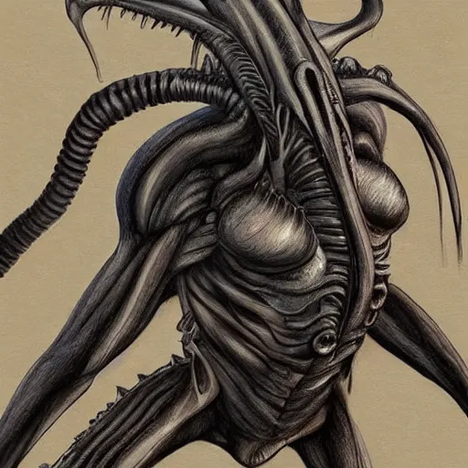 Prompt: a drawing of a xenomorph, artstation hall of fame gallery, editors choice, #1 digital painting of all time, most beautiful image ever created, emotionally evocative, greatest art ever made, lifetime achievement magnum opus masterpiece, the most amazing breathtaking image with the deepest message ever painted, a thing of beauty beyond imagination or words, 4k, highly detailed, cinematic lighting