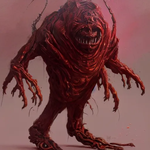 Image similar to scifi art by Greg Rutkowski, hideous monster made of twisted human flesh and reddish ooze, lumpy bloated upper body with elongated and sharp limbs, small head like a ball with two empty holes for eyes, only human beings are its legs, vicious appearance, scifi, space horror, digital painting, artstation, concept art, smooth, sharp foccus ilustration, Artstation HQ.