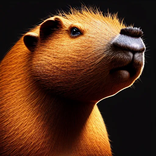 Prompt: a portrait of a capybara wearing, anatomically correct, beautiful perfect face, oil painting, matte, black background, volumetric dynamic lighting, highly detailed, cinematic lighting, unreal engine, 8 k, hd