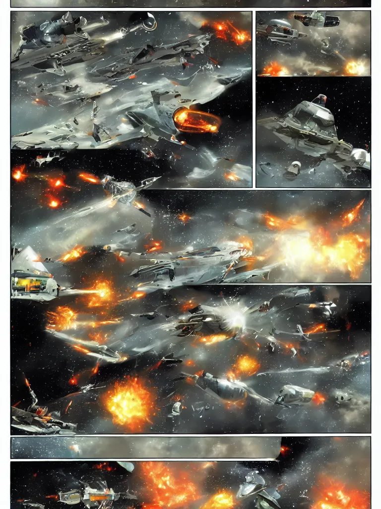 Prompt: A science fiction comic book page made by Jorg de Vos, spaceship battle, stars, explosions, epic scene