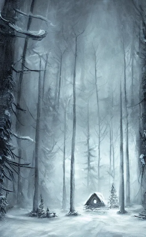 Image similar to a dark fantasy concept art of a snowy forest with a single cabin in the woods, with lights on in the cabin, dynamic lighting, cinematic, ultra detailed, trending on art station, stunning visuals, atmospherical, ambient lighting, realism, lonely vibe