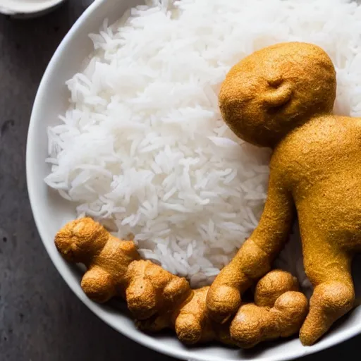 Image similar to ginger man bathing in a large bowl of white rice