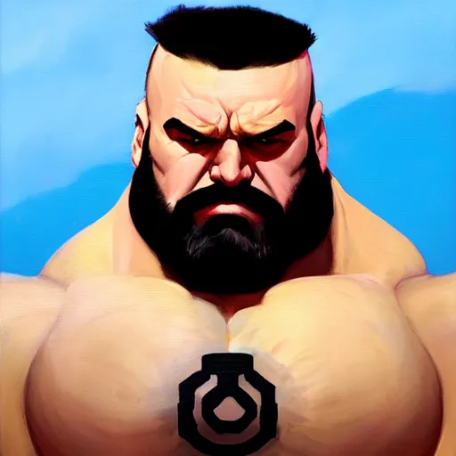 Image similar to Greg Manchess portrait painting of Zangief as Overwatch character, medium shot, asymmetrical, profile picture, Organic Painting, sunny day, Matte Painting, bold shapes, hard edges, street art, trending on artstation, by Huang Guangjian and Gil Elvgren and Sachin Teng