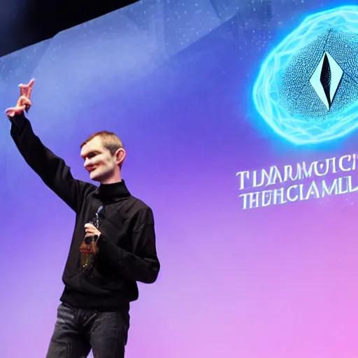 Prompt: Vitalik Buterin as an arcane wizard casting a spell while on stage at a conference, ethereum logo can be seen in the magic - Photo manipulated by DALLE