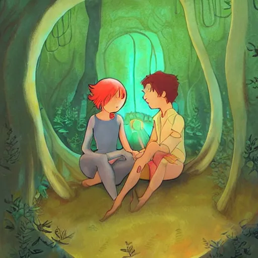 Image similar to a faerie and firefly couple living inside a hollow in a tree, masterpiece soft focus painting by kerascoet by marie pommepuy and sebastien cosset by studio ghibli, award winning illustration, bande dessinee, nostalgic painting, dynamic lighting