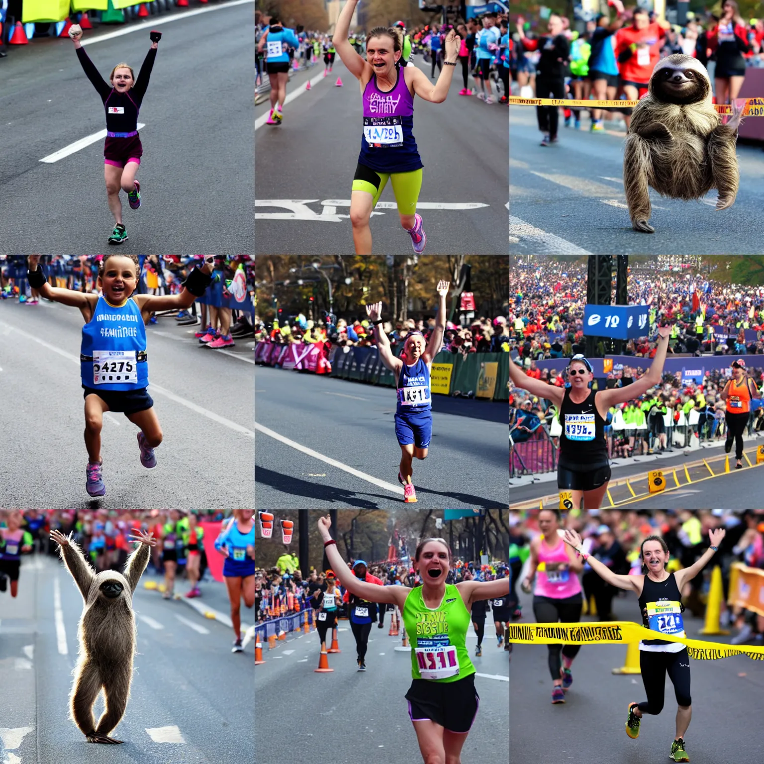 Prompt: baby sloth crossing the finish line at the new york marathon, arms raised in victory