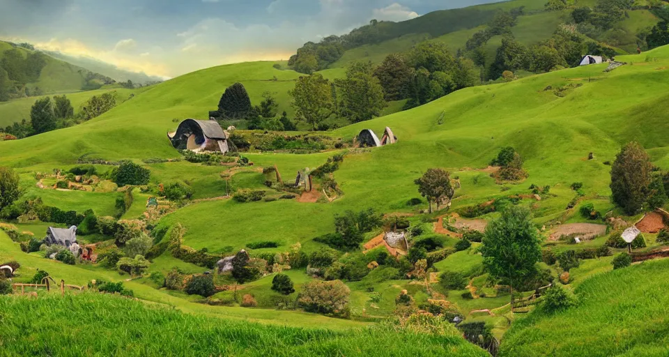 Image similar to verdant valley and rolling hills, hobbiton, middle earth, storybook illustration