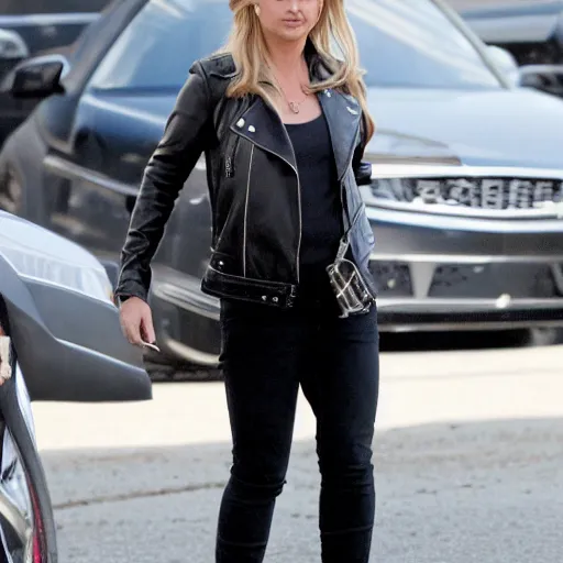 Image similar to Sarah Michelle Gellar wearing a black leather jacket and a silver cross around her neck in GTA 5