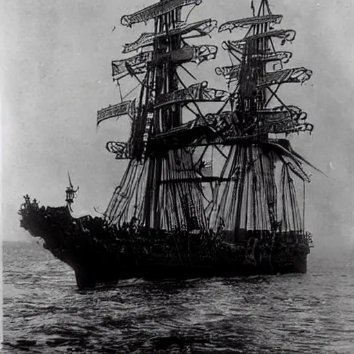 Prompt: an impossibly huge pirate ship, being attacked by a kraken, giant tentacles, lovecraft. 1910s photograph