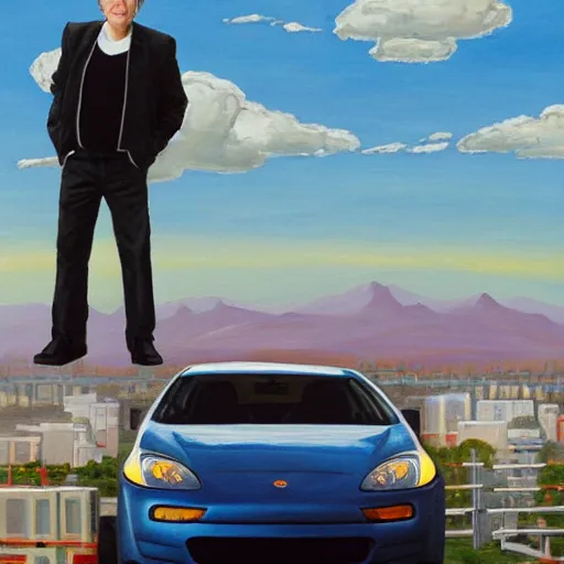 Prompt: larry david standing on roof of 2009 prius, andy worhol painting