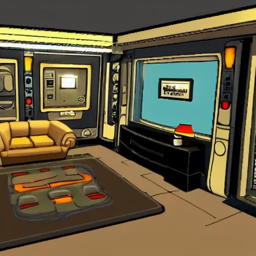 Prompt: a living room with futuristic furniture, from a Lucasarts graphic adventure game made in 1992