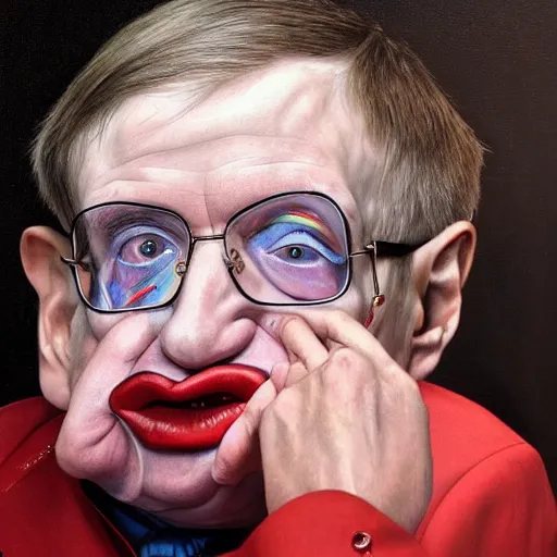 Image similar to UHD hyperrealism painting of Stephen Hawking dressed as a clown, wearing clown makeup, by Antonio Caparo and Ferdinand Knab and Greg Rutkowski, UHD, photorealistic, trending on artstation, trending on deviantart, correct face, real clown makeup