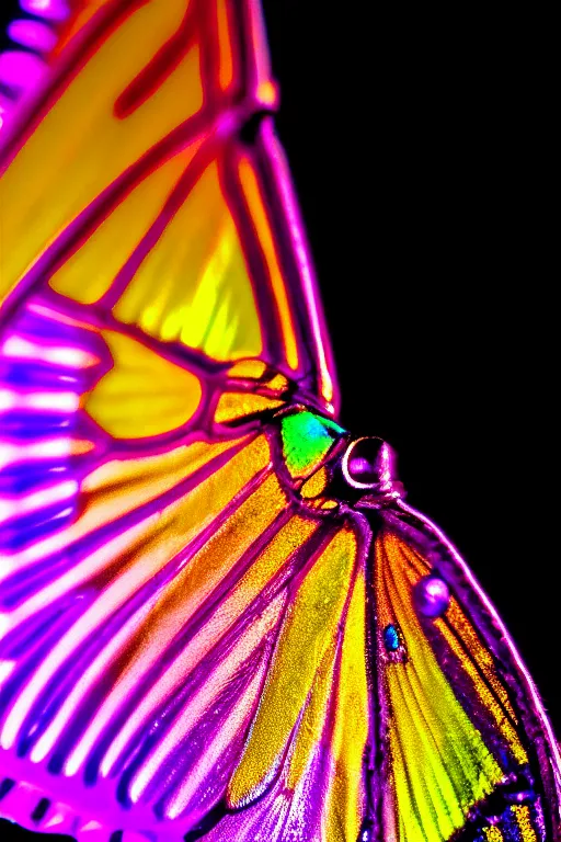 Image similar to high quality close-up photo iridescent moth! jeweled gorgeous! highly detailed david ligare elson peter cinematic purple neon lighting high quality low angle hd 8k sharp shallow depth of field