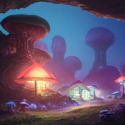 Image similar to concept art painting of a fantasy alien nighttime landscape of houses made of fungus, with glowing blue lights, glowing mushrooms, dark purple sky, realistic, detailed, cel shaded, in the style of makoto shinkai and greg rutkowski and albert bierstadt and james gurney