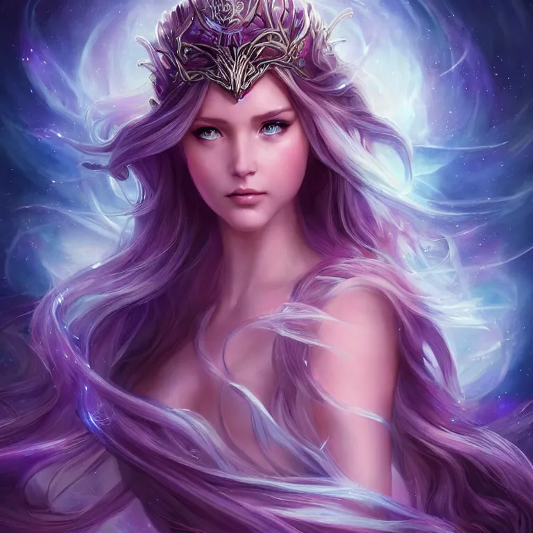 Image similar to beautiful cinematic fantasy poster, a beautiful princess like a disney princess hybrid with flowing illuminated hair, beautiful glowing galaxy eyes, wideshot ultrawide angle epic scale, hybrid from The Elden Ring and art direction by Darius Zawadzki ;by artgerm; wayne reynolds art station; cinematic quality character render; low angle; ultra high quality model; production quality cinema model;