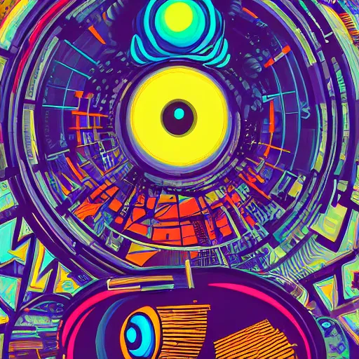 Image similar to a painting of an eye surrounded by various objects, cyberpunk art by lale westvind, behance contest winner, cubo - futurism, tesseract, biomorphic, psychedelic