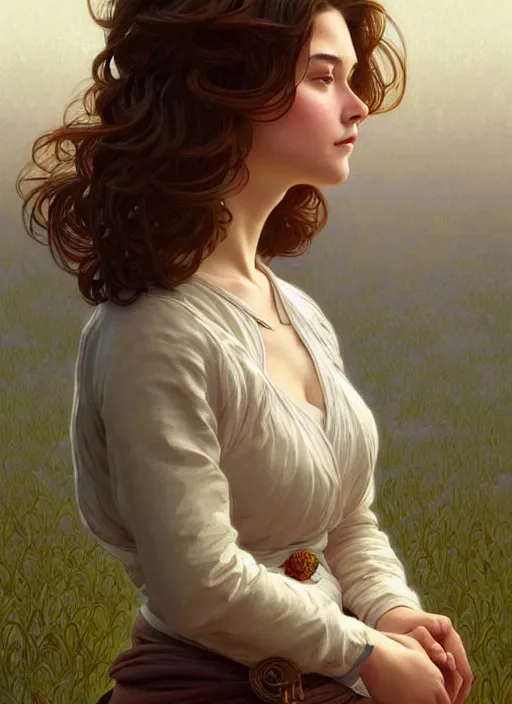 Prompt: full body portrait of a woman with short wavy hair, round face, cottagecore!!, lake, intricate, enlightenment, highly detailed, digital painting, artstation, concept art, smooth, sharp focus, illustration, art by artgerm and greg rutkowski and alphonse mucha