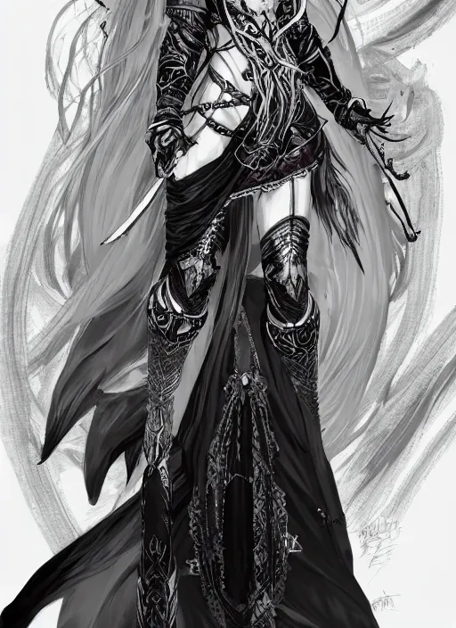 Prompt: Full body portrait of a beautiful elven female mage with black and white hair in ornate gray mage robe, vibrant colours. In style of Yoji Shinkawa and Hyung-tae Kim, trending on ArtStation, dark fantasy, great composition, concept art, highly detailed.