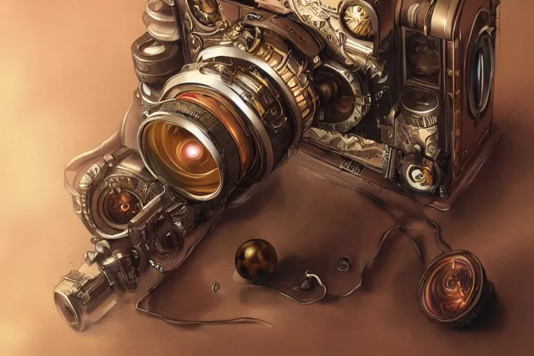 Prompt: a steampunk camera film by artgerm, hyper detailed, trending on artstation