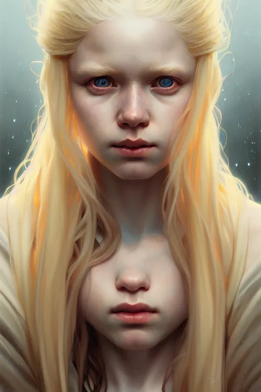 Image similar to Close-up portrait of young albino girl, long blonde hair, dark fantasy, portrait, highly detailed, digital painting, artstation, concept art, sharp focus, illustration, art by artgerm and greg rutkowski and alphonse mucha