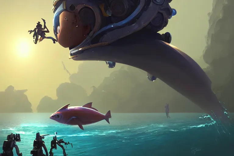 Image similar to afro - futurist scuba divers swimming away from a gigantic alien mola mola, smooth and sharp digital painting by greg rutkowski, makoto shinkai, ilya kuvshinov, lois van baarle, rossdraws, james c. christensen | afrofuturism in the style of hearthstone and overwatch, trending on artstation