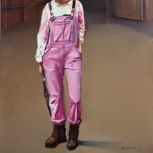 Prompt: a woman in pink overalls and brown boots, oil painting, gucci poster