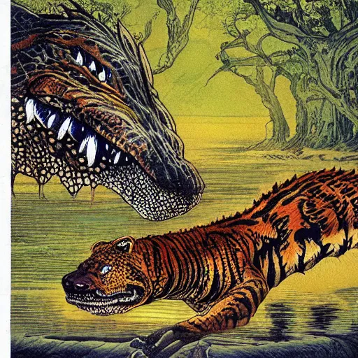 Image similar to a hybrid animal half crocodile and half tiger painting by moebius