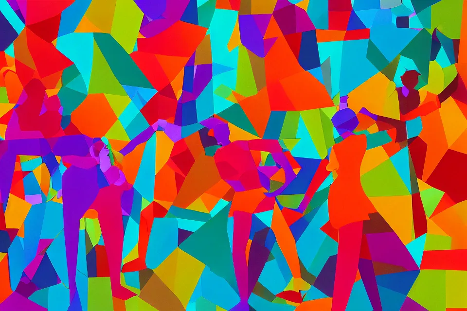 Image similar to a colorful, computer generated, abstract geometric intriguing render, abstract human figures dancing, autumnal colors