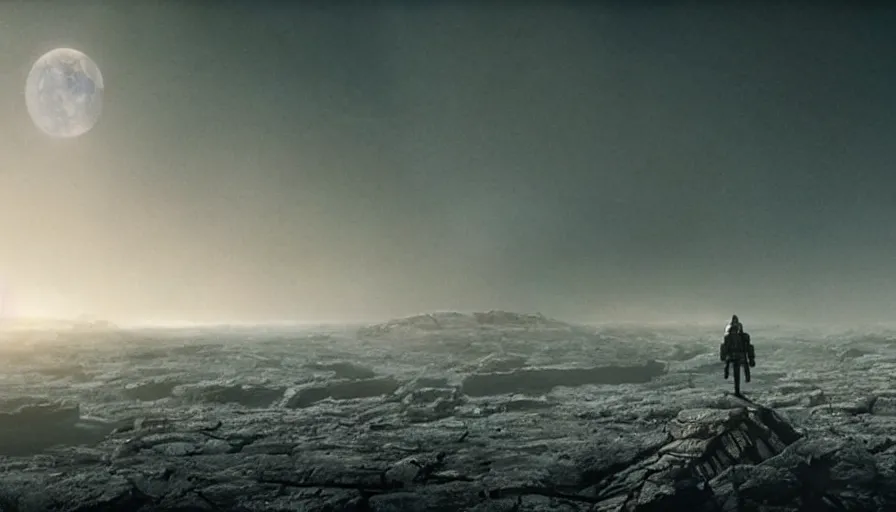 Prompt: A lone figure standing on the edge of a cliff on an alien moon, arcology megastructure stretch across the surface of the moon, cinematic, IMAX, Christopher nolan