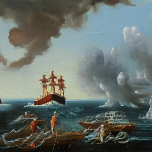 Image similar to a modern oil painting of a ship leaving the dock for paradise, during the apocalypse.