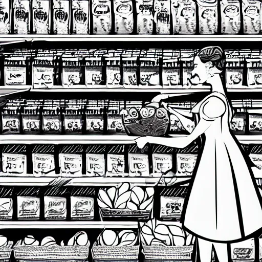 Prompt: storybook illustration of a woman in a supermarket trying to reach for something on the top shelf, storybook illustration, monochromatic