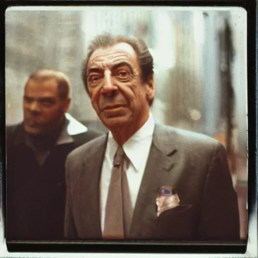 Prompt: lennie briscoe at a crime scene in new york city, faded, scratched polaroid