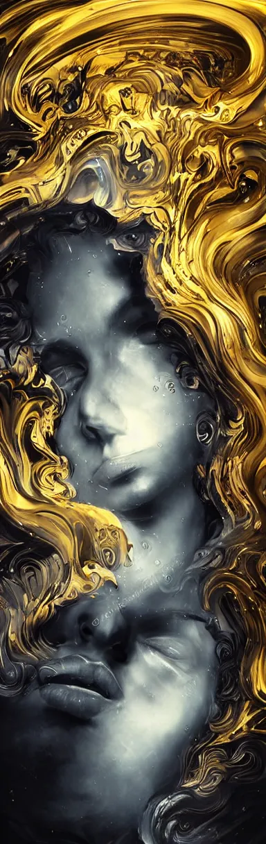 Image similar to epic illustration, abstract sculpture of beautiful female face and black swirling liquifying acrylic portrait, fluffy clouds, mechanical superstructure, glowing edges, golden hour, beautiful light, sculpture of carving marble, dark colors, dark mood, one point light, golden spirals, clockwork, epic matte painting, concept art, bokeh, digital painting